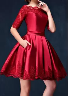 Red Simple Lace Half Sleeves Satin Short Homecoming Dress Mini Length with Pockets