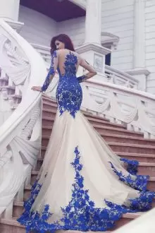Royal Blue and Champagne Mermaid V-neck Long Sleeves Tulle Sweep Train Side Zipper Lace and Appliques Prom Gown