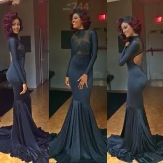 Spectacular Black Mermaid High-neck Long Sleeves Sweep Train Backless Appliques Prom Dresses
