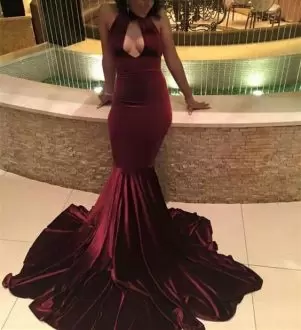 Low Price Burgundy Lace Up Halter Top Sleeveless Floor Length Prom Gown Court Train Ruffles and Ruching