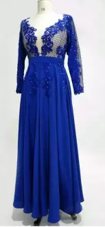 Excellent V-neck Long Sleeves Prom Dress Floor Length Appliques Royal Blue Chiffon