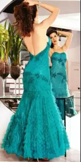 Lace Sweetheart Sleeveless Backless Appliques and Ruffled Layers Prom Evening Gown in Teal