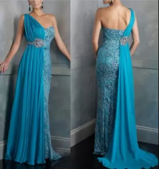 Most Popular Teal One Shoulder Lace Long Prom Dress with Train