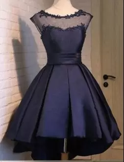 Fashionable High Low Navy Blue Homecoming Dresses Satin Sleeveless Lace
