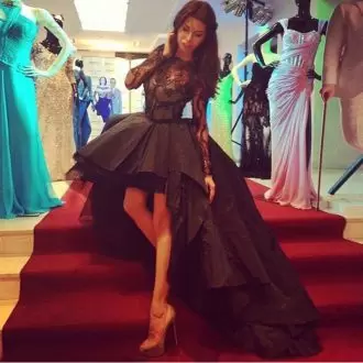 High Low Black Prom Gown High-neck Long Sleeves Homecoming Dress