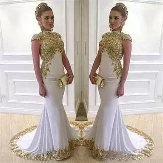 High Class White Cap Sleeves Sweep Train Lace Up Prom Evening Gown for Prom and Party