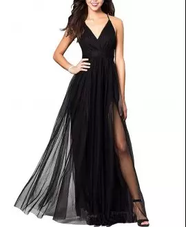 Sleeveless Floor Length Ruching Lace Up Evening Party Dresses with Black