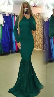 Green Backless Scoop Lace and Appliques Prom Gown Lace Long Sleeves