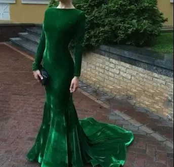 Green Lace Up Scoop Ruching Prom Dresses Long Sleeves Sweep Train