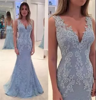 Latest Turquoise Sleeveless Sweep Train Beading and Lace Floor Length Prom Dresses