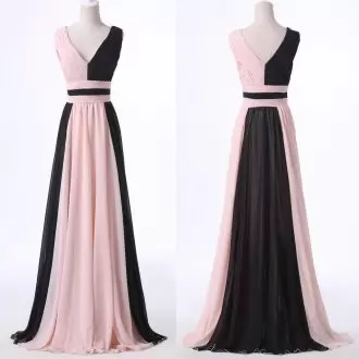 New Style Pink And Black Prom Dress Chiffon Sweep Train Sleeveless Ruching