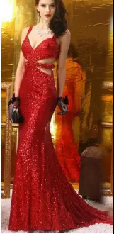 Zipper Homecoming Dress Red for Prom and Party and Military Ball with Sequins Sweep Train