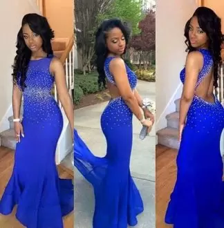 Exceptional Royal Blue Sleeveless Chiffon Sweep Train Backless Prom Dresses for Prom and Party