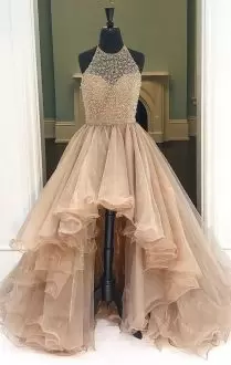 Best Champagne Organza Lace Up Halter Top Sleeveless With Train Evening Party Dresses Sweep Train Beading