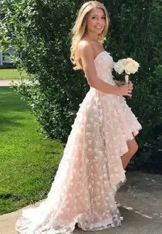 Pink Lace Up Lace Sleeveless High Low Prom Dress