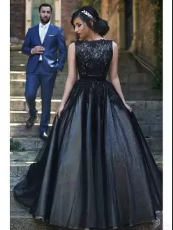 Floor Length Black Illusion Prom Dress Tulle Sleeveless Lace