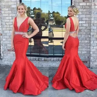 Red Mermaid Beading Evening Dress Backless Sleeveless Floor Length