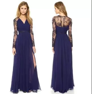 Pretty Blue Satin and Chiffon Lace Up V-neck Sleeveless Floor Length Prom Dress Beading and Lace