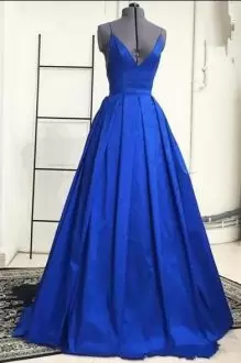 Sleeveless Satin Floor Length Lace Up Homecoming Dress in Blue with Ruching