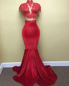Velvet Red Two Pieces High-neck Cap Sleeves Sweep Train Lace Up Beading Prom Dresses