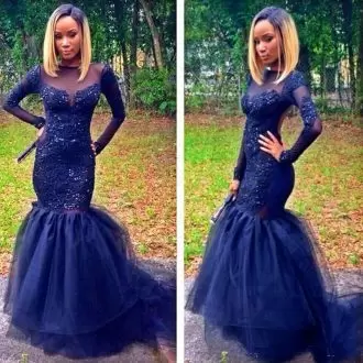 Navy Blue Mermaid Scoop Long Sleeves Tulle Sweep Train Lace Up Beading Prom Homecoming Dress