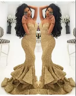 Exceptional Gold Dress for Prom Prom and Party and Military Ball with Sequins Sweetheart Sleeveless Sweep Train Lace Up