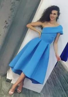 Blue A-line Satin One Shoulder Sleeveless Ruching Ankle Length Prom Evening Gown