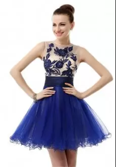 Glittering Royal Blue A-line Bateau Sleeveless Tulle Mini Length Zipper Embroidery Evening Dress