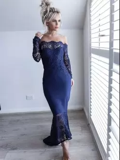 Navy Blue Mermaid Lace Homecoming Party Dress Zipper Long Sleeves Floor Length