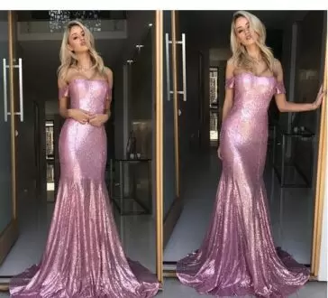 Off the Shoulder Lilac Sequins Pink Mermaid Evening Dress For Senior with Train
