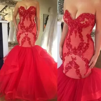 Beautiful Fishtail Red Tulle Sweetheart Mermaid Fitted Prom Dress with Appliques