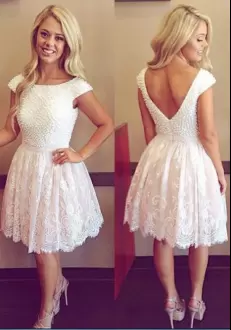 Knee Length White Prom Dress Scoop Cap Sleeves Zipper