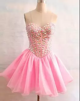 Sweetheart Sleeveless Prom Dress Mini Length Beading Pink Organza