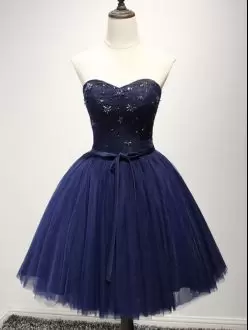 Navy Blue Tulle Lace Up Sweetheart Sleeveless Mini Length Evening Dress Lace and Appliques
