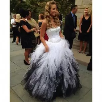 Custom Fit Sleeveless Floor Length Beading Lace Up Prom Dress with White And Black