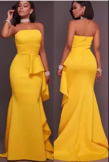 Artistic Yellow Sleeveless Ruching Zipper Dress for Prom Strapless