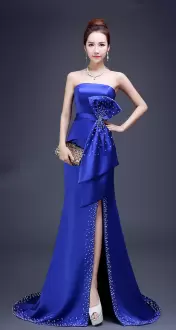 Royal Blue Sleeveless Sweep Train Beading and Bowknot and Belt Prom Evening Gown