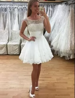 Flare Mini Length White Prom Gown Tulle Sleeveless Beading