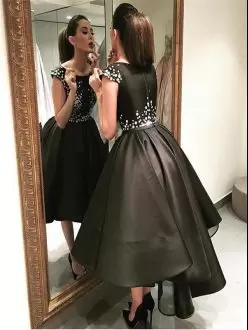 Black Cap Sleeves Satin High Low Modest Prom Dress Tea Length