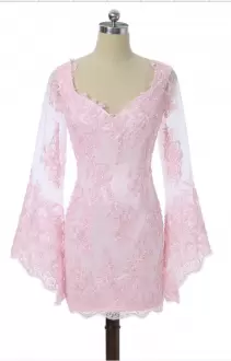 Custom Design Baby Pink Column Sheath Lace Dress for Prom Zipper Lace Long Sleeves Mini Length