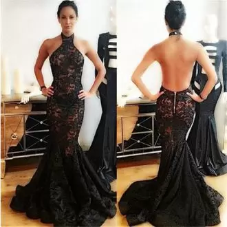 Floor Length Backless Evening Party Dresses Black for Prom and Party and Military Ball with Lace