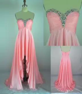 Great High Low Pink Evening Dress Chiffon Sleeveless Beading