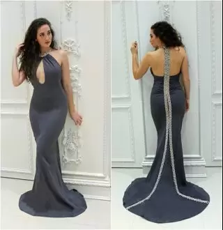 Best Grey Sleeveless Floor Length Beading and Lace Lace Up Prom Dresses Halter Top