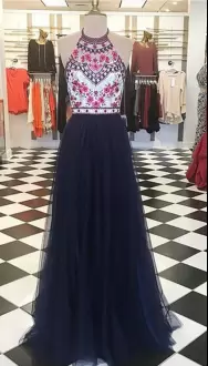 Fine Navy Blue and Multi-color Sleeveless Floor Length Beading Lace Up Homecoming Dress Halter Top