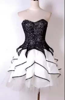 Beading and Lace Prom Party Dress White And Black Sleeveless Mini Length