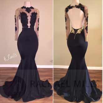 Custom Fit High-neck Long Sleeves Prom Party Dress Appliques Sweep Train Backless