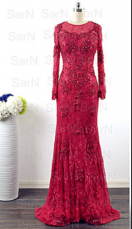 Long Sleeves Lace Sweep Train Zipper Homecoming Dress in Red with Beading and Appliques