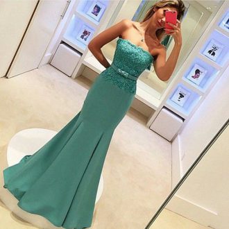 Sweet Lace Up Prom Dress Turquoise for Prom and Party with Lace and Belt Sweep Train