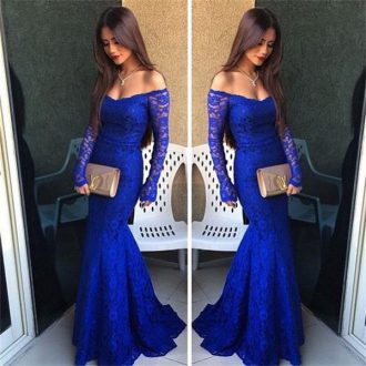 Royal Blue Lace Lace Up Off The Shoulder Long Sleeves Floor Length Prom Dress Lace