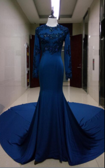 Royal Blue Mermaid High-neck Long Sleeves Beading and Appliques With Train Zipper Homecoming Dress Chapel Train